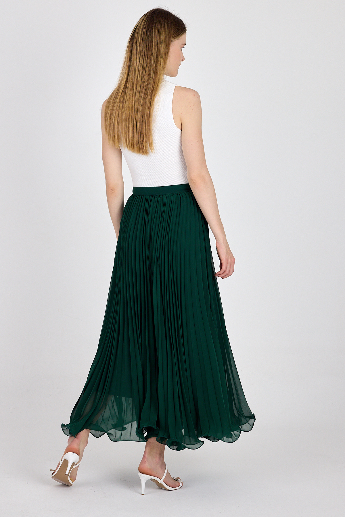Yeşil Şifon Piliseli Yüksek Bel Maxi Etek 1003 - 5
