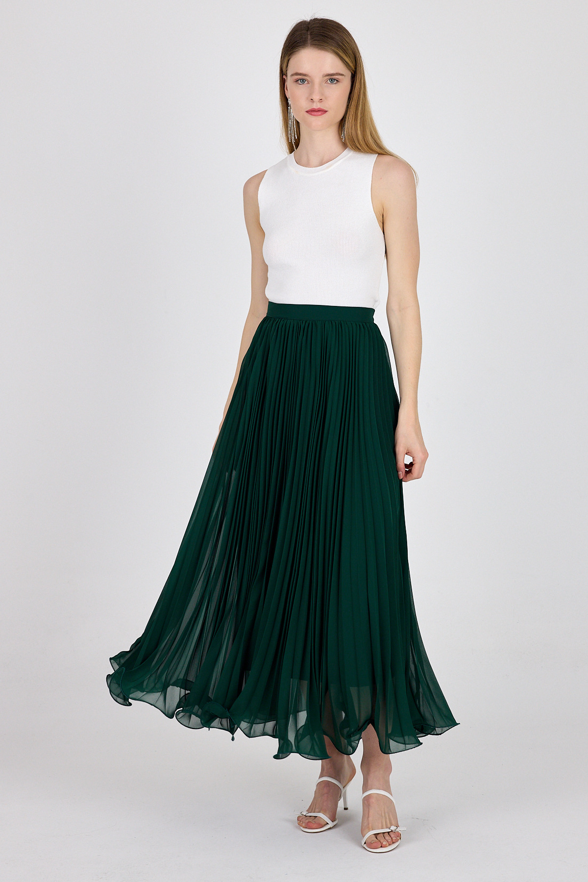 Yeşil Şifon Piliseli Yüksek Bel Maxi Etek 1003 - 6