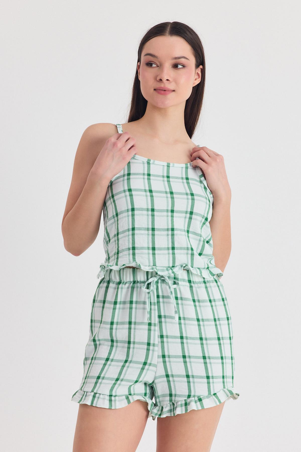 Yeşili Ekose Desenli Fırfır Detaylı Şortlu Takım 4452 - 3