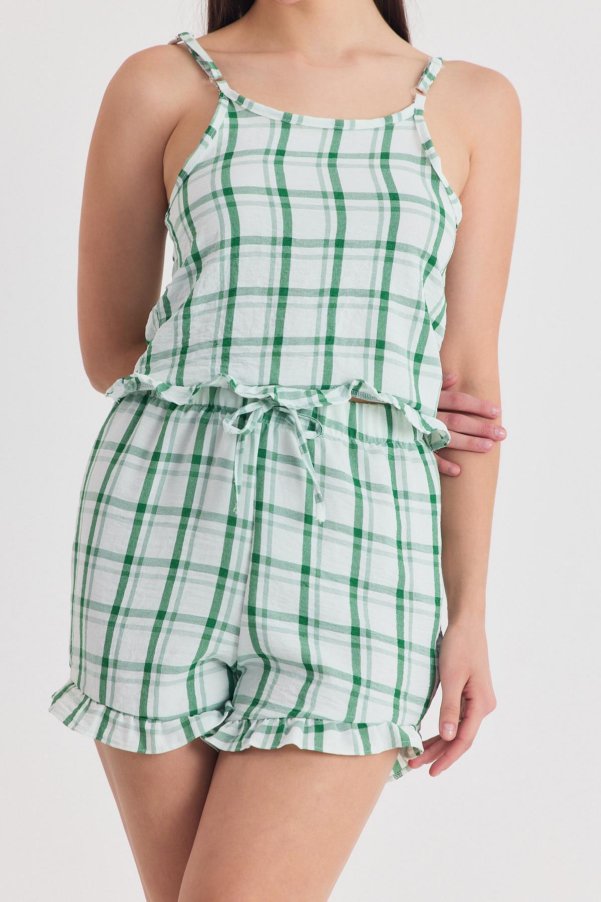 Yeşili Ekose Desenli Fırfır Detaylı Şortlu Takım 4452 - 4