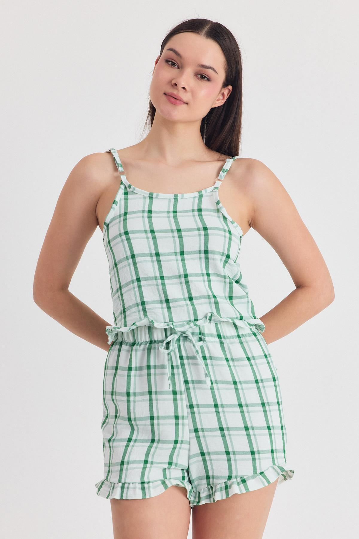 Yeşili Ekose Desenli Fırfır Detaylı Şortlu Takım 4452 - 6