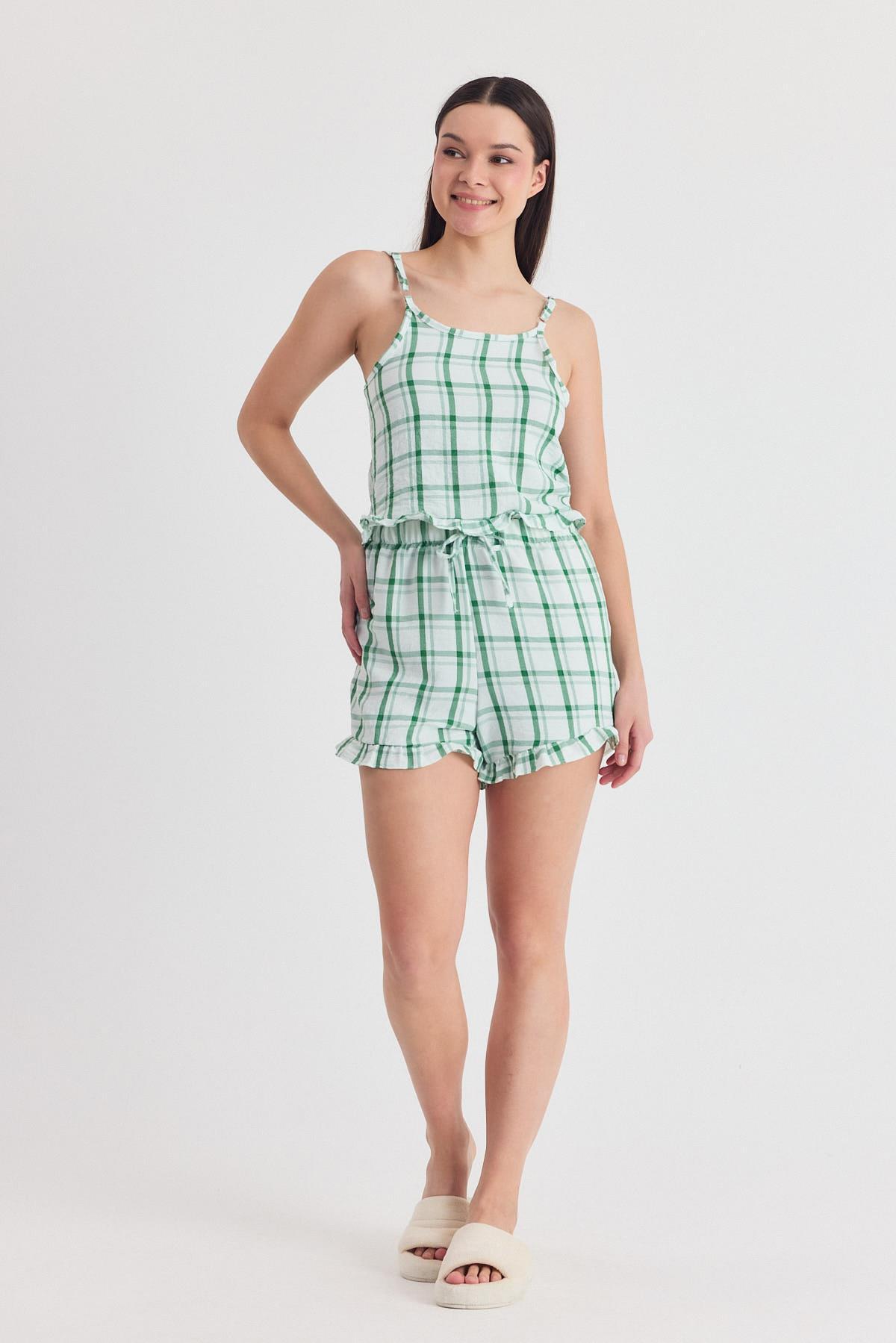 Yeşili Ekose Desenli Fırfır Detaylı Şortlu Takım 4452 - 7