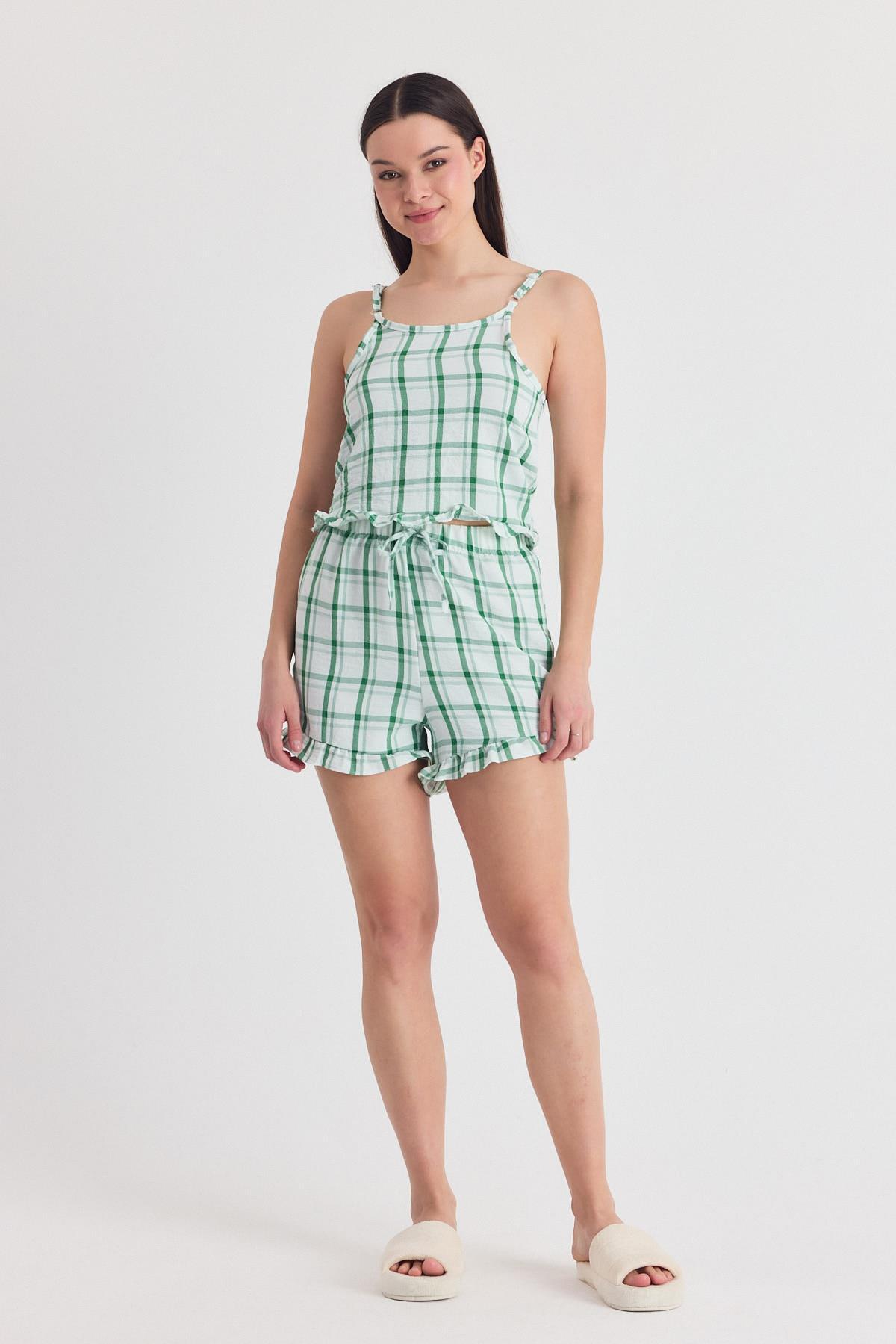 Yeşili Ekose Desenli Fırfır Detaylı Şortlu Takım 4452 - 2