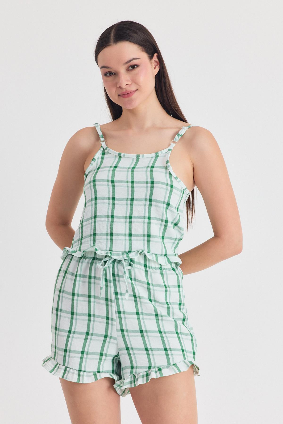 Yeşili Ekose Desenli Fırfır Detaylı Şortlu Takım 4452 - 1