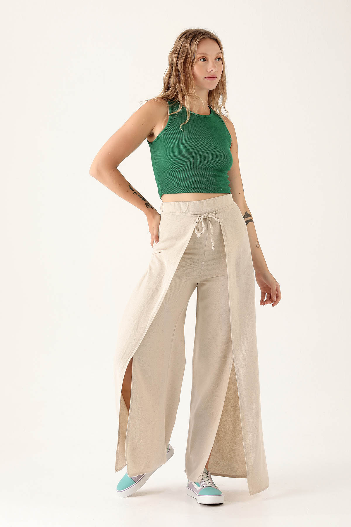 Yırtmaç Detay Bol Bayan Pantolon - 4044 Natural - 2