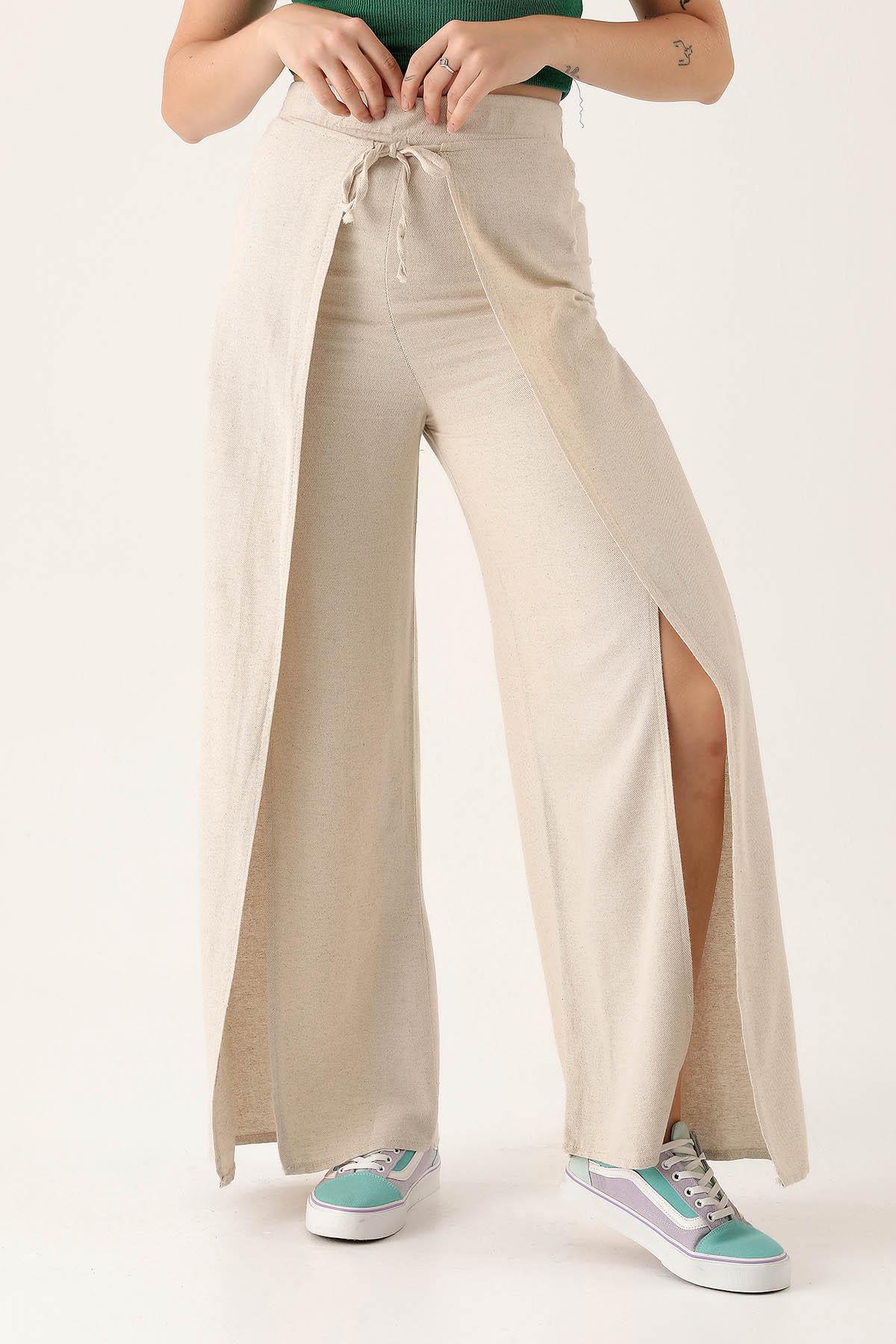 Yırtmaç Detay Bol Bayan Pantolon - 4044 Natural - 3