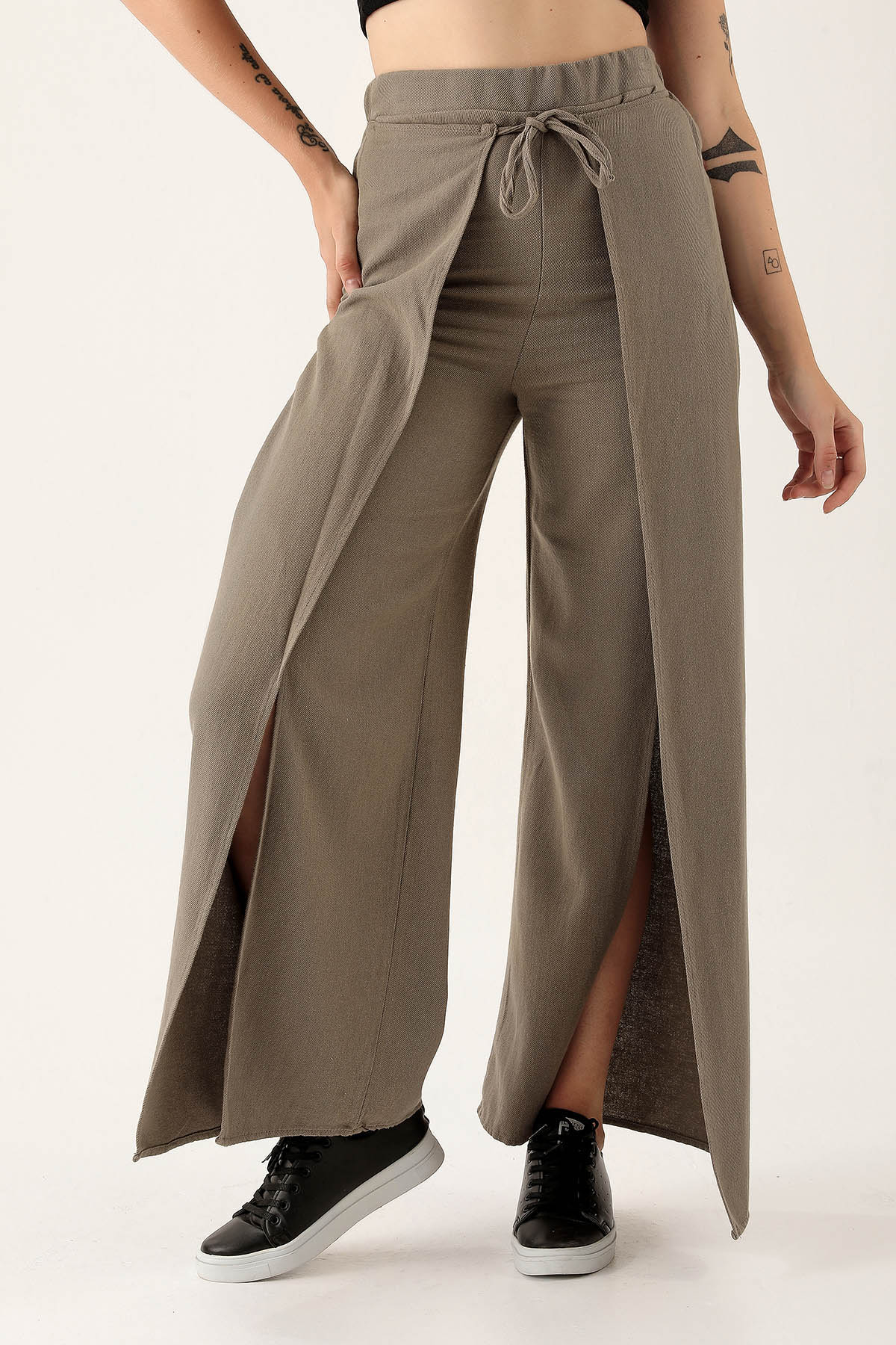 Yırtmaç Detay Bol Bayan Pantolon - 4044 Olive Yeşili - 3