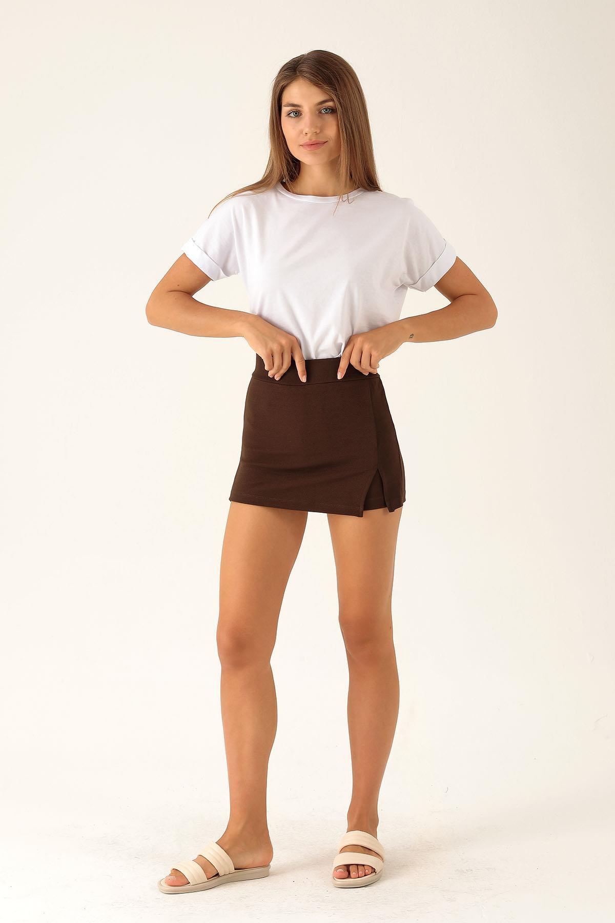Yırtmaç Detay Şort Etek - 9004M Kahve - 2
