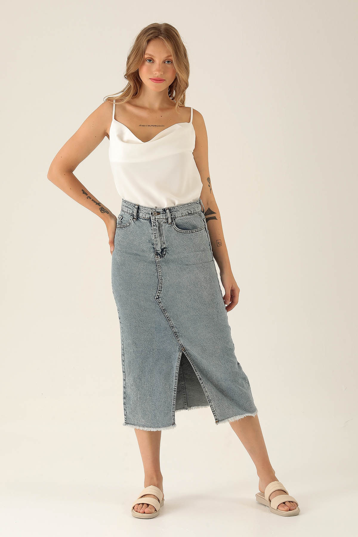 Yırtmaçlı Jean Midi Boy Etek - 3005 Kar Yıkama - 2