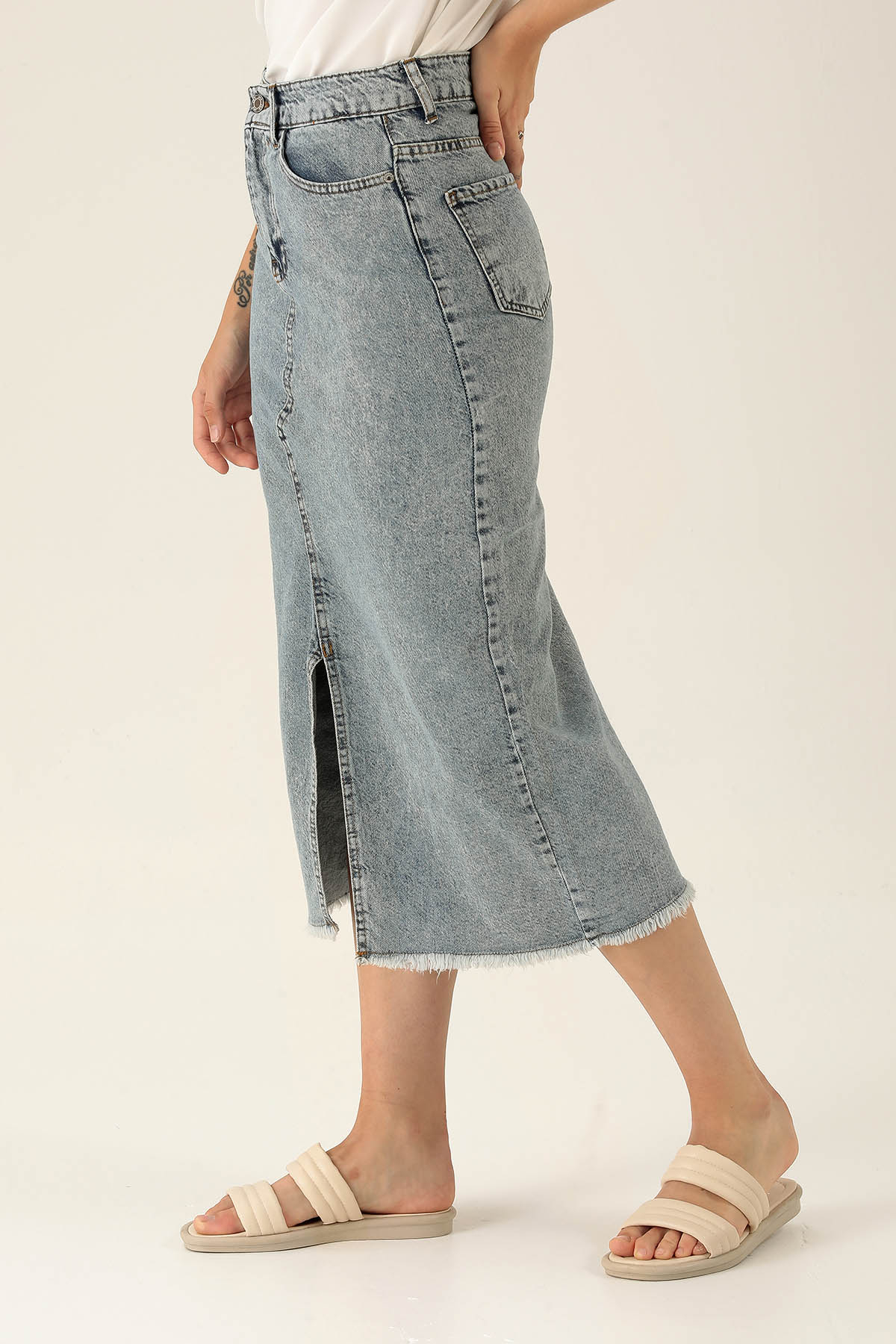Yırtmaçlı Jean Midi Boy Etek - 3005 Kar Yıkama - 3