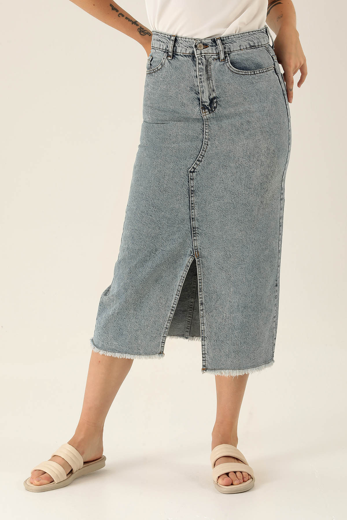 Yırtmaçlı Jean Midi Boy Etek - 3005 Kar Yıkama - 4
