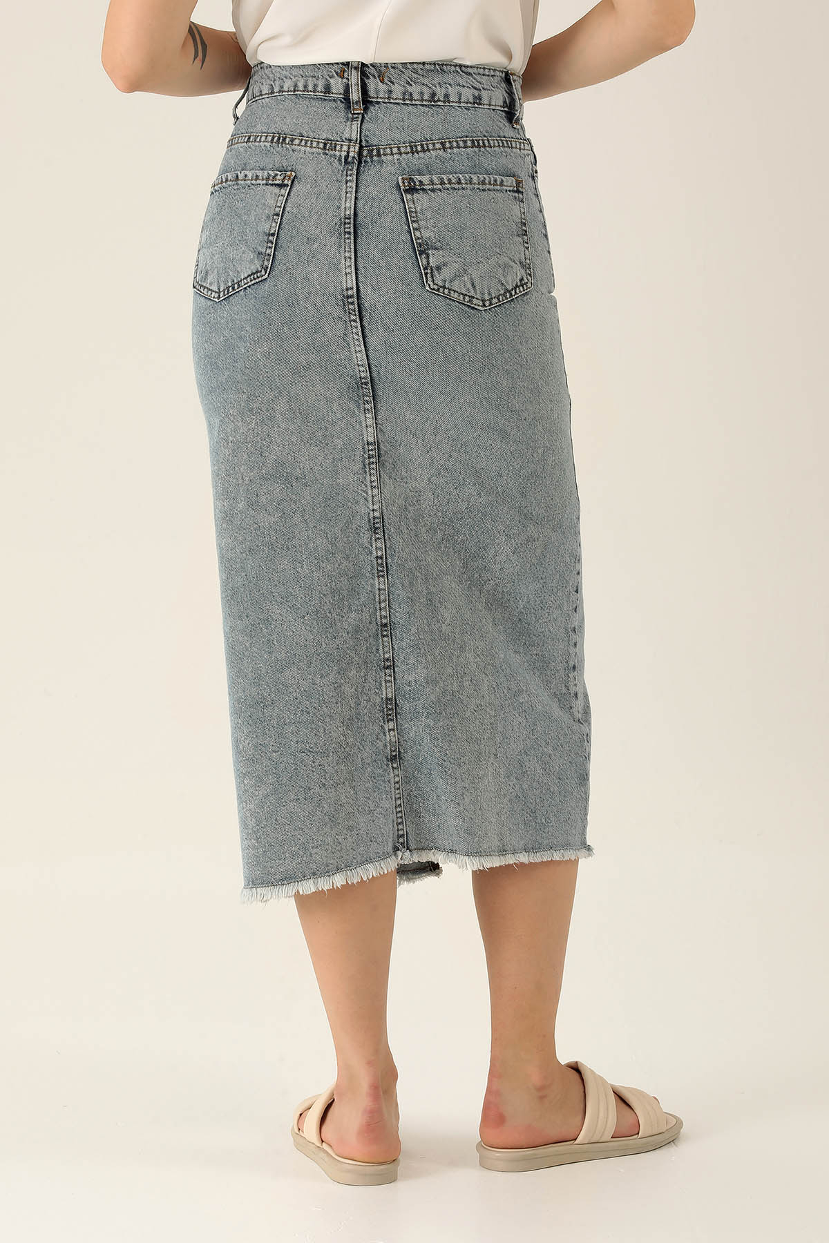 Yırtmaçlı Jean Midi Boy Etek - 3005 Kar Yıkama - 5