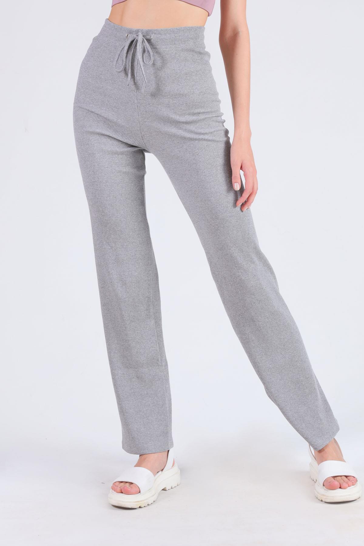 Yüksek Bel Bağcıklı Bayan Pantolon - 6011 Gri - 3