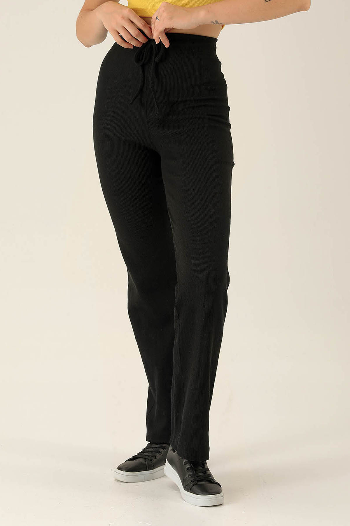 Yüksek Bel Bağcıklı Bayan Pantolon - 6011 Siyah - 3