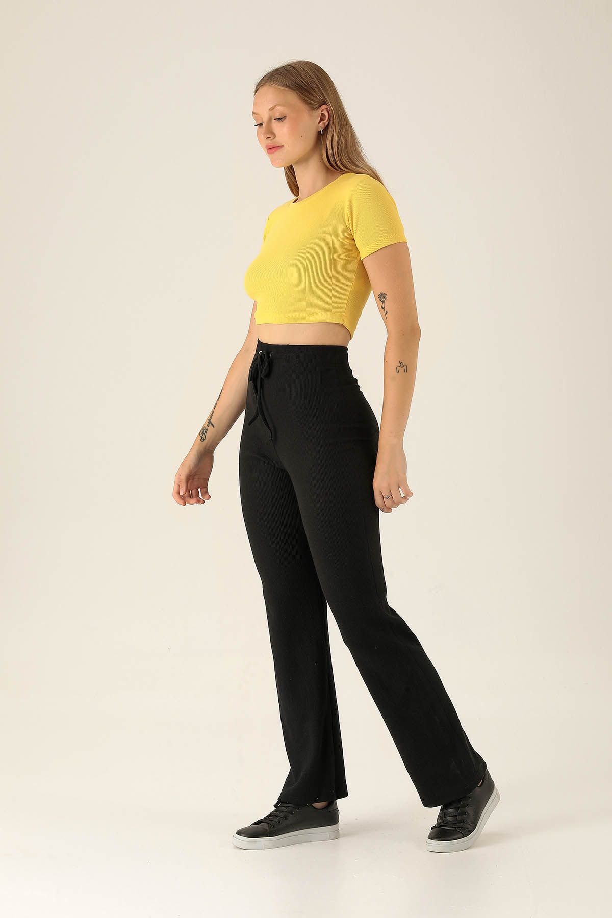 Yüksek Bel Bağcıklı Bayan Pantolon - 6011 Siyah - 2