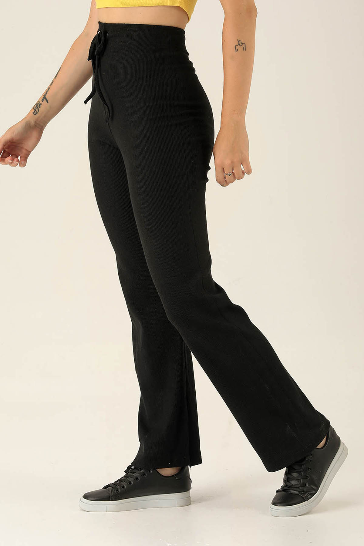 Yüksek Bel Bağcıklı Bayan Pantolon - 6011 Siyah - 4
