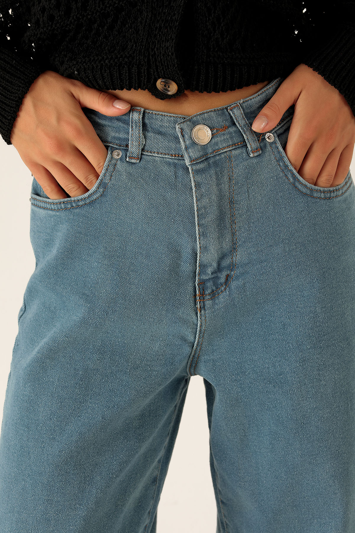 Yüksek Bel Bol Paça Bayan Pantolon - 3024 Açık Mavi - 6