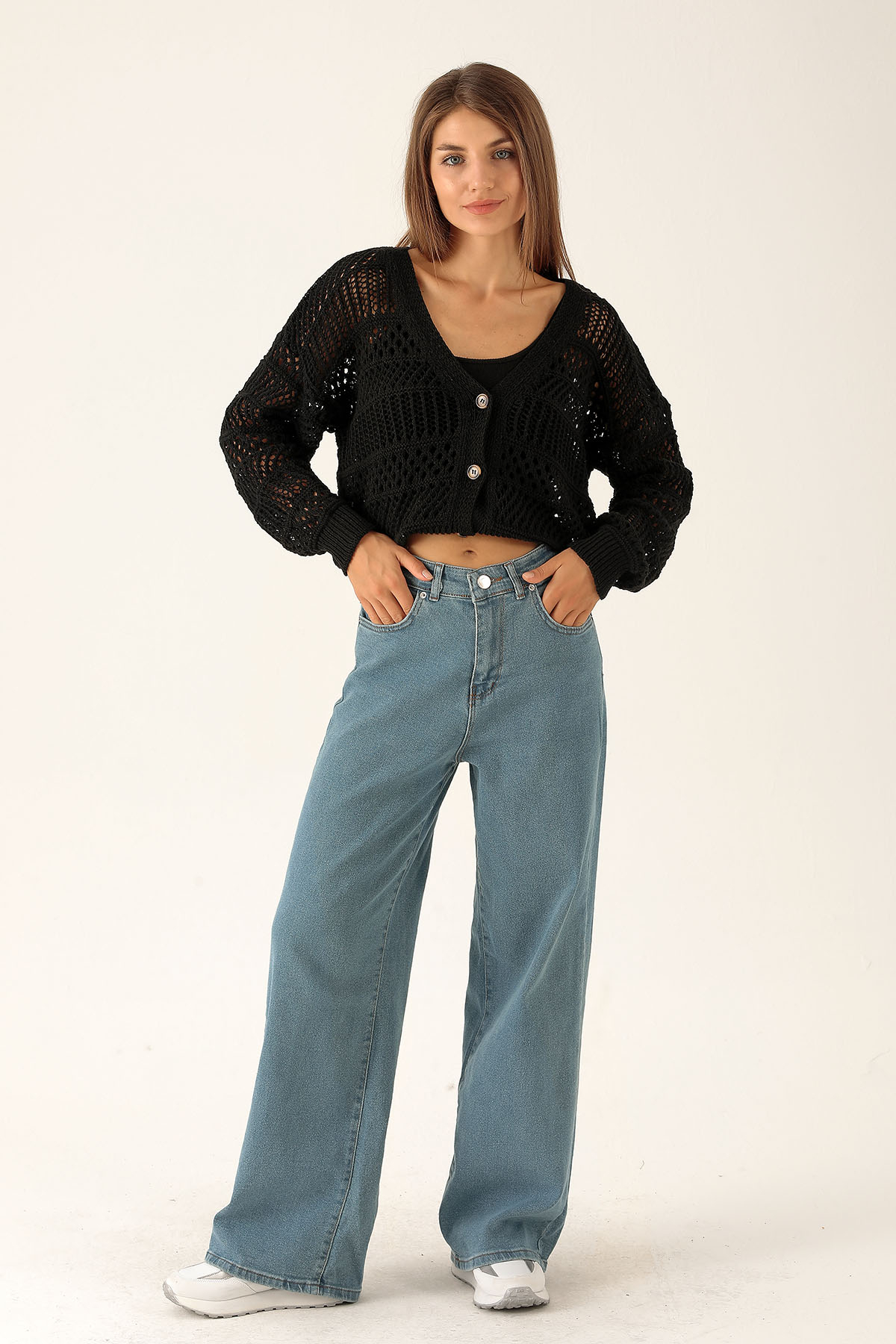 Yüksek Bel Bol Paça Bayan Pantolon - 3024 Açık Mavi 