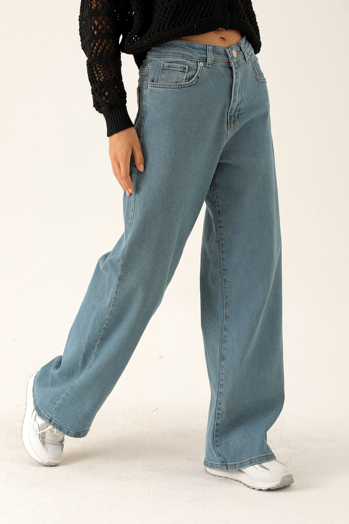 Yüksek Bel Bol Paça Bayan Pantolon - 3024 Açık Mavi - 3