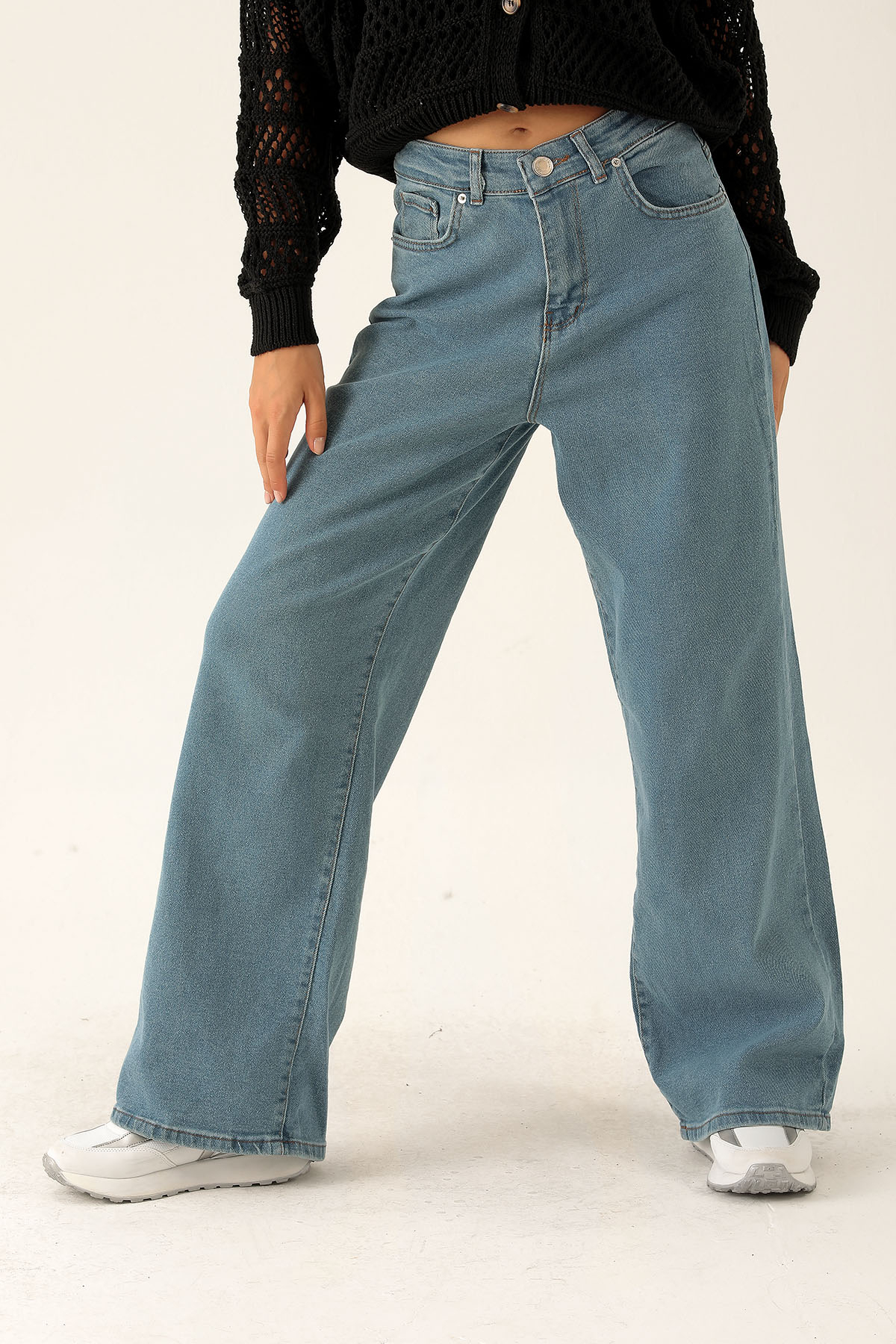 Yüksek Bel Bol Paça Bayan Pantolon - 3024 Açık Mavi - 4