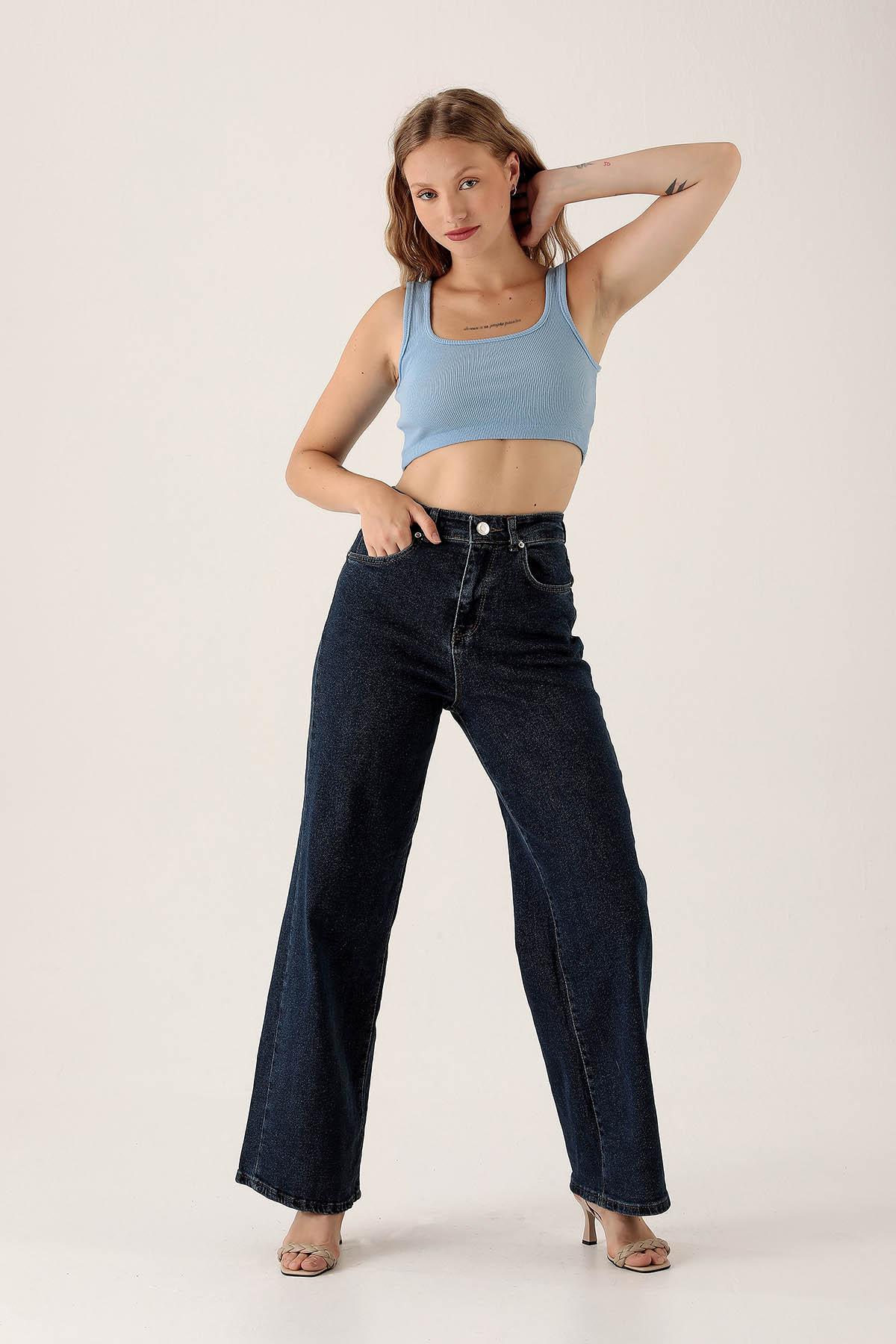 Yüksek Bel Bol Paça Bayan Pantolon - 3024 Koyu Mavi - 1