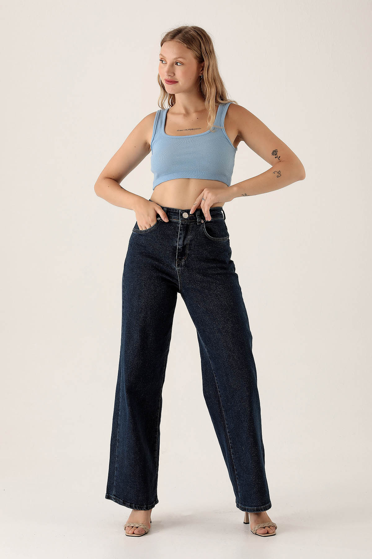 Yüksek Bel Bol Paça Bayan Pantolon - 3024 Koyu Mavi - 2