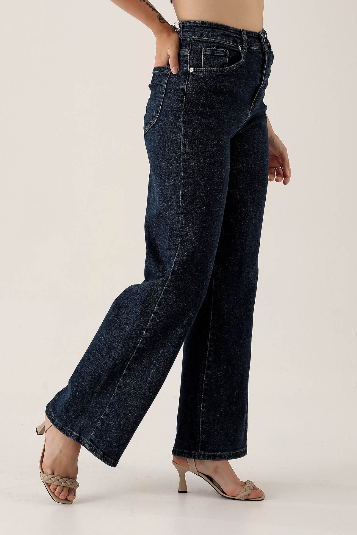 Yüksek Bel Bol Paça Bayan Pantolon - 3024 Koyu Mavi - 4