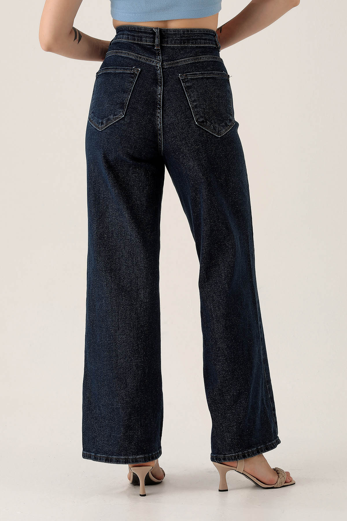 Yüksek Bel Bol Paça Bayan Pantolon - 3024 Koyu Mavi - 5