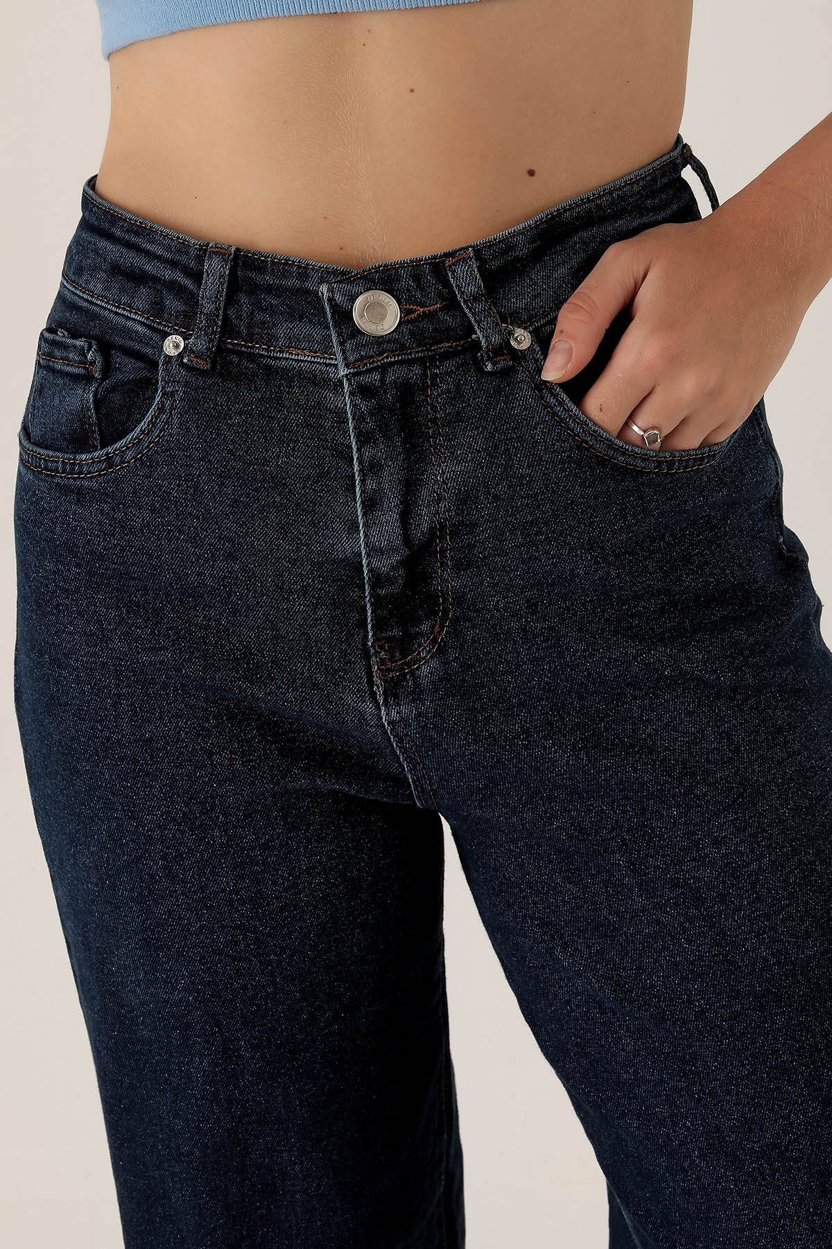 Yüksek Bel Bol Paça Bayan Pantolon - 3024 Koyu Mavi - 6