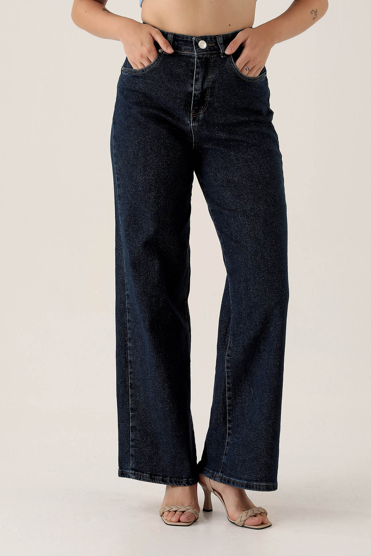 Yüksek Bel Bol Paça Bayan Pantolon - 3024 Koyu Mavi - 3