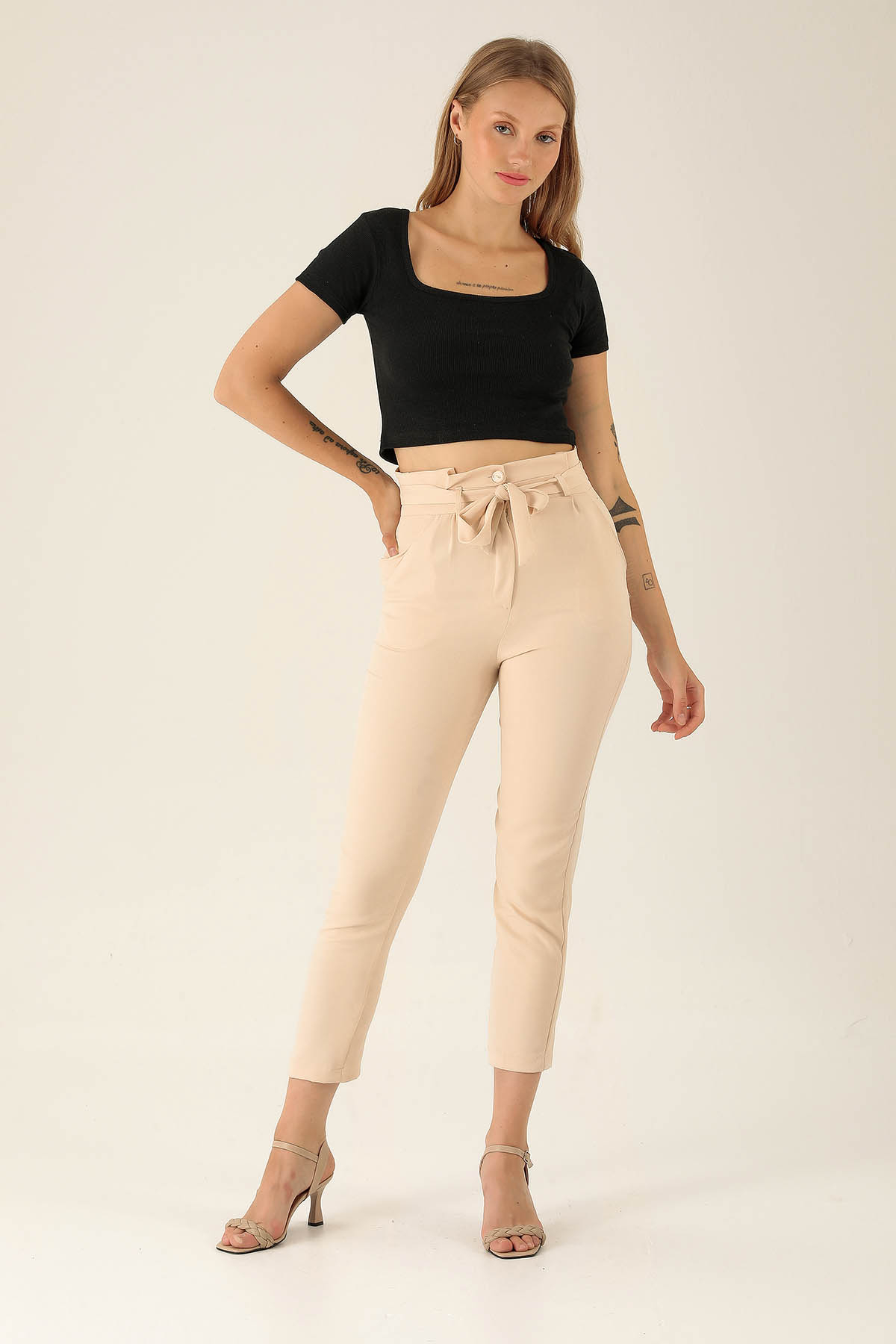 Yüksek Bel Havuç Bayan Pantolon - 6263A Taş 