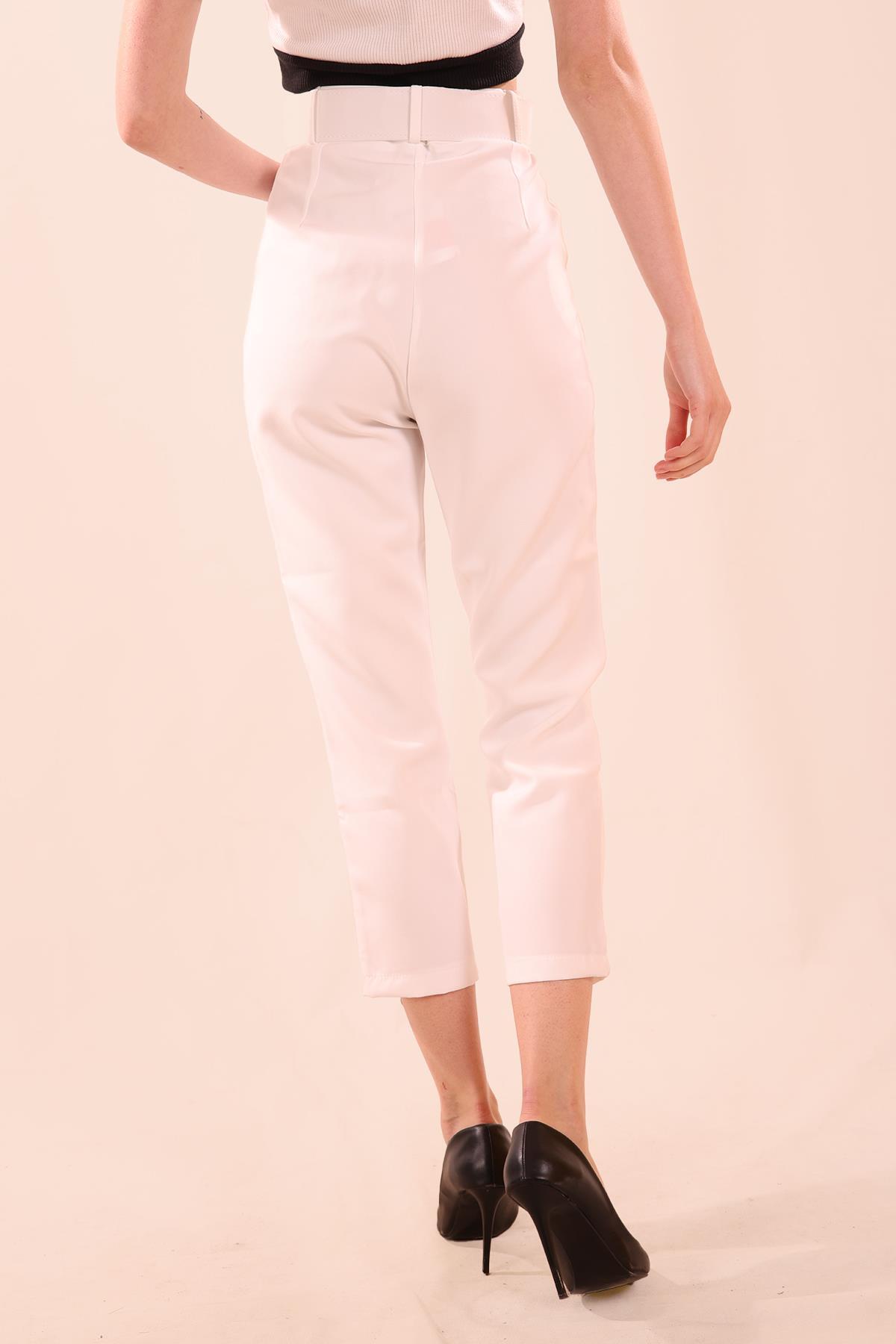 Yüksek Bel Kalın Kemerli Bayan Pantolon - 7091A Ekru - 4