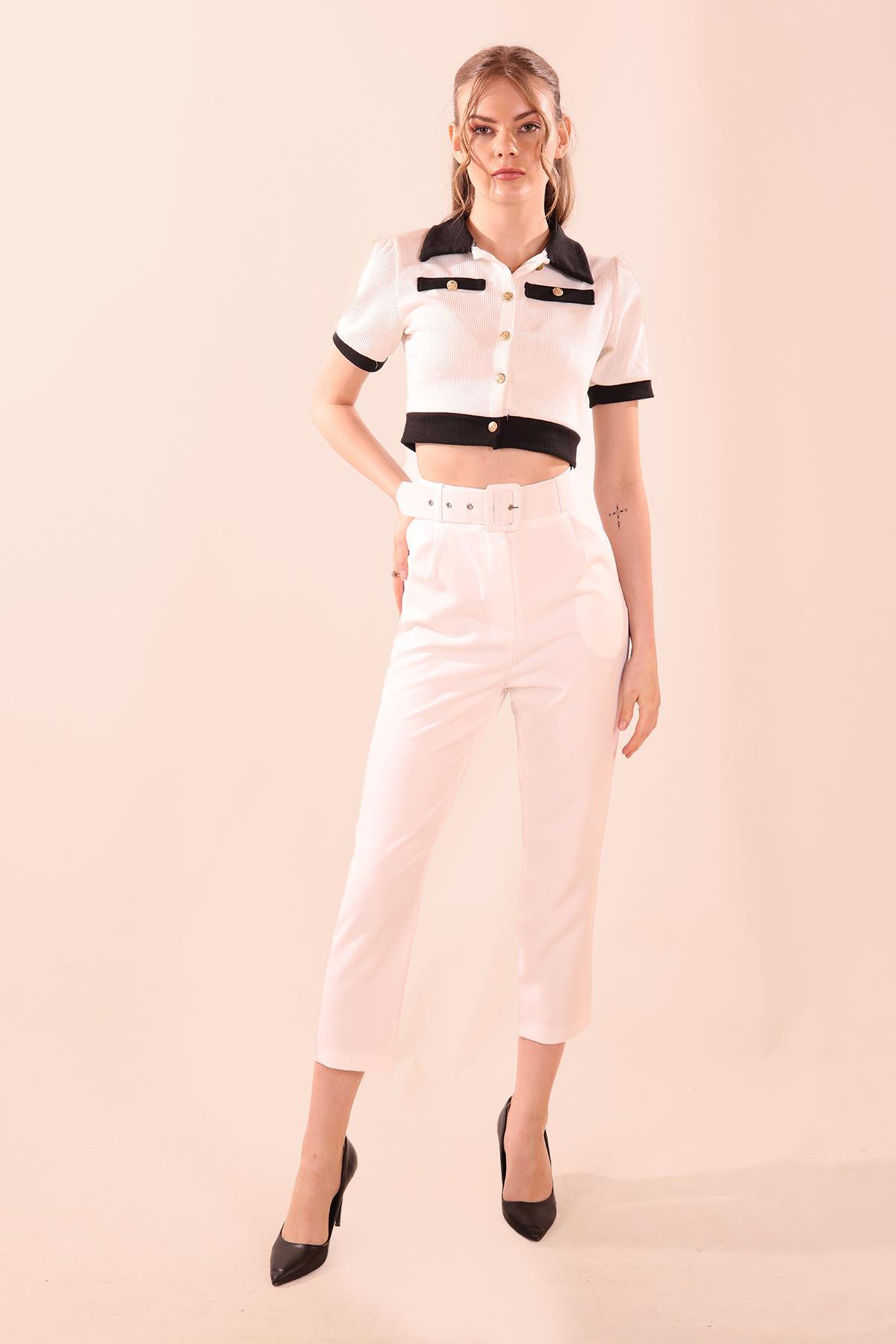 Yüksek Bel Kalın Kemerli Bayan Pantolon - 7091A Ekru - 2