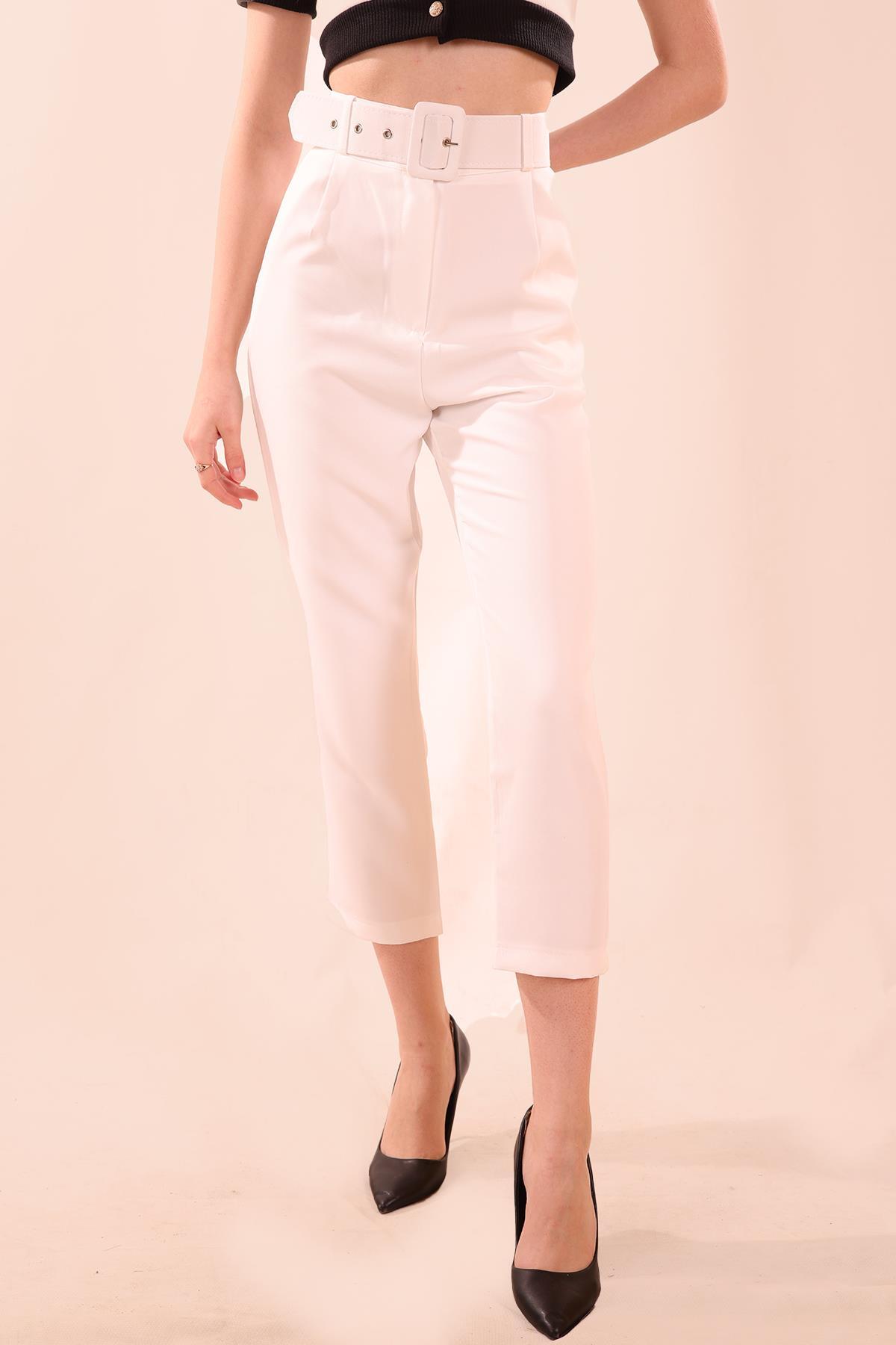 Yüksek Bel Kalın Kemerli Bayan Pantolon - 7091A Ekru - 3