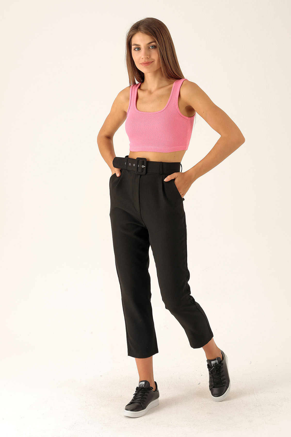 Yüksek Bel Kalın Kemerli Bayan Pantolon - 7091A Siyah - 2