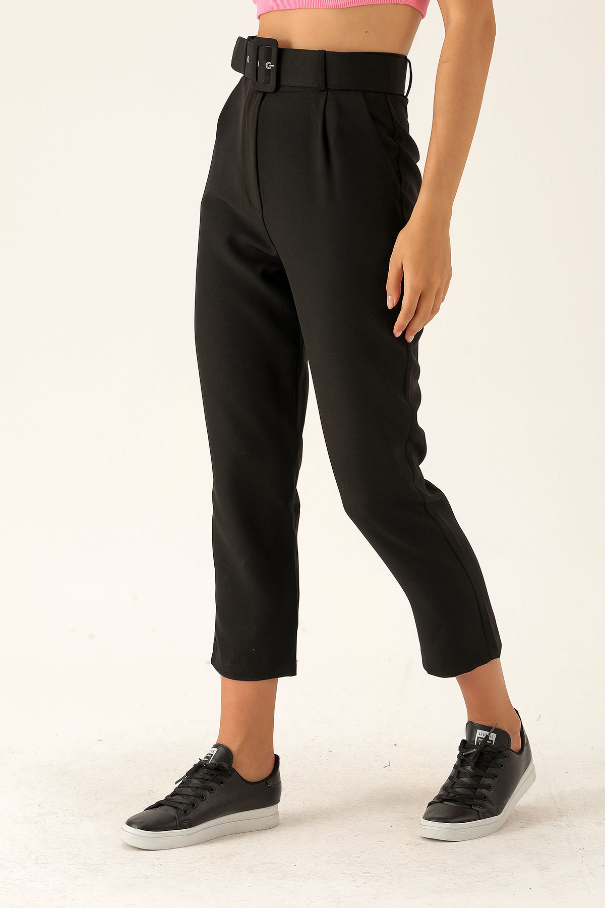 Yüksek Bel Kalın Kemerli Bayan Pantolon - 7091A Siyah - 3