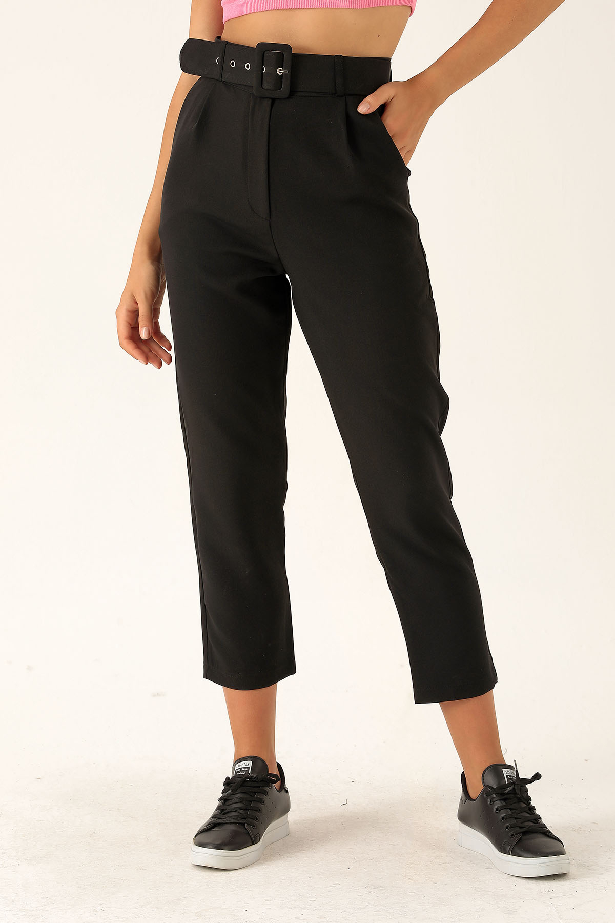 Yüksek Bel Kalın Kemerli Bayan Pantolon - 7091A Siyah - 4