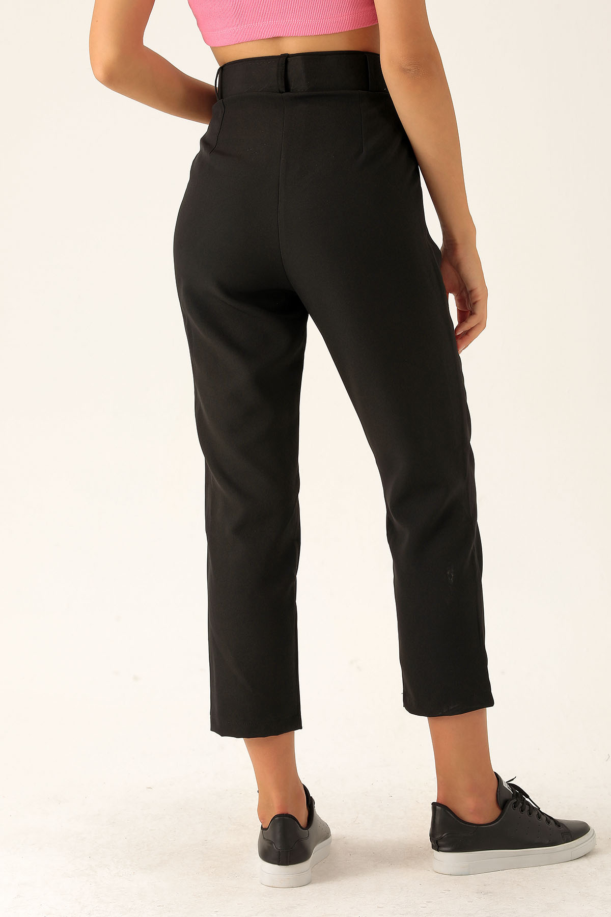 Yüksek Bel Kalın Kemerli Bayan Pantolon - 7091A Siyah - 5