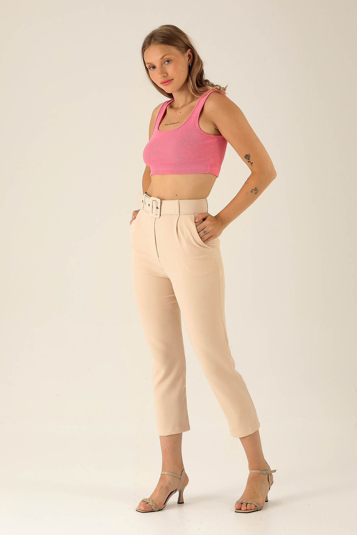 Yüksek Bel Kalın Kemerli Bayan Pantolon - 7091A Taş - 2