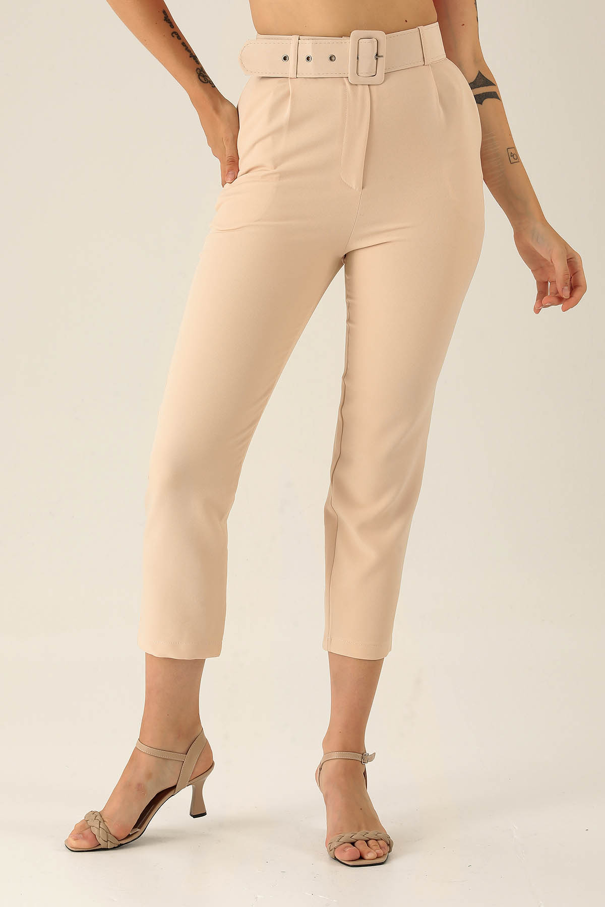 Yüksek Bel Kalın Kemerli Bayan Pantolon - 7091A Taş - 3