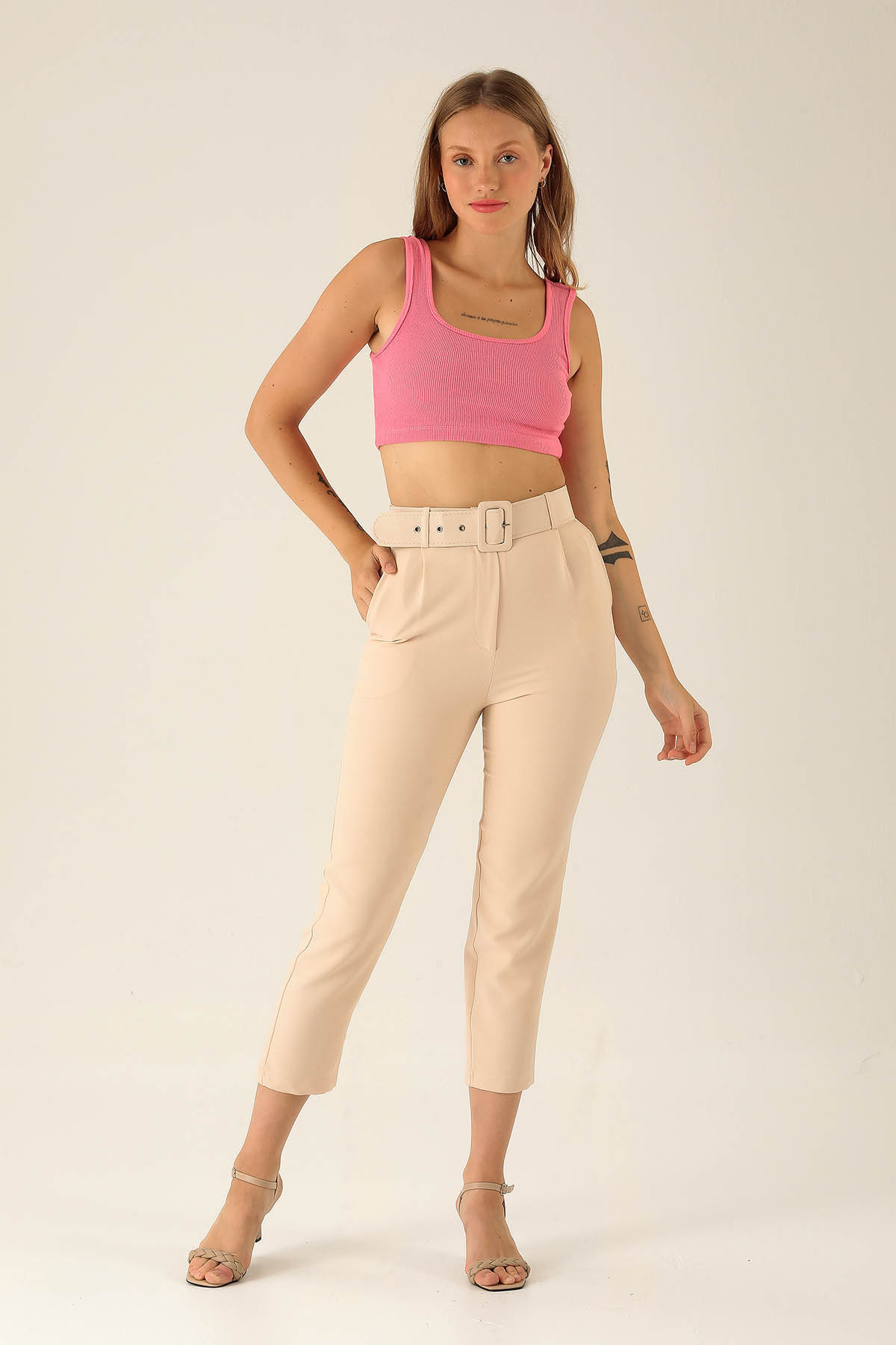 Yüksek Bel Kalın Kemerli Bayan Pantolon - 7091A Taş - 1