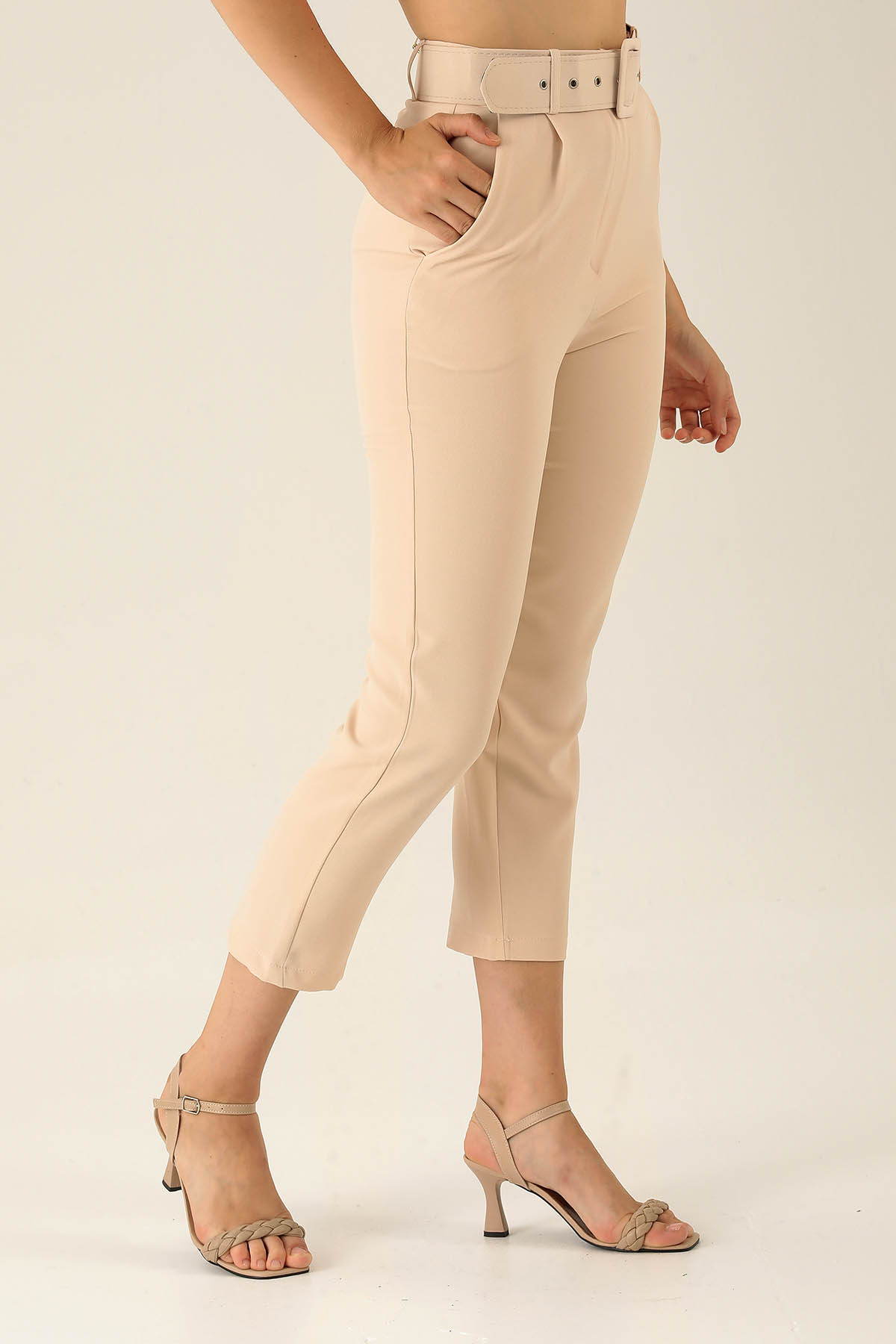 Yüksek Bel Kalın Kemerli Bayan Pantolon - 7091A Taş - 4