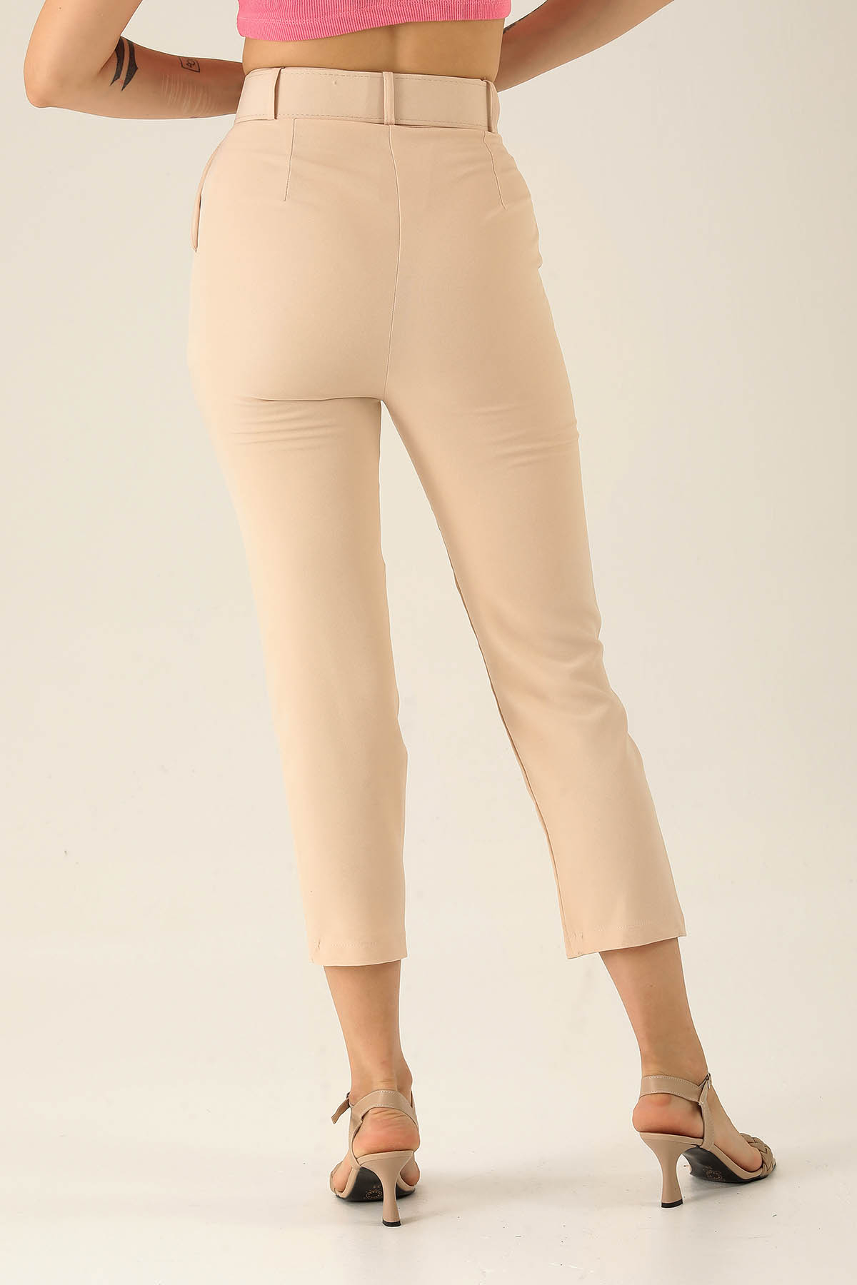 Yüksek Bel Kalın Kemerli Bayan Pantolon - 7091A Taş - 5