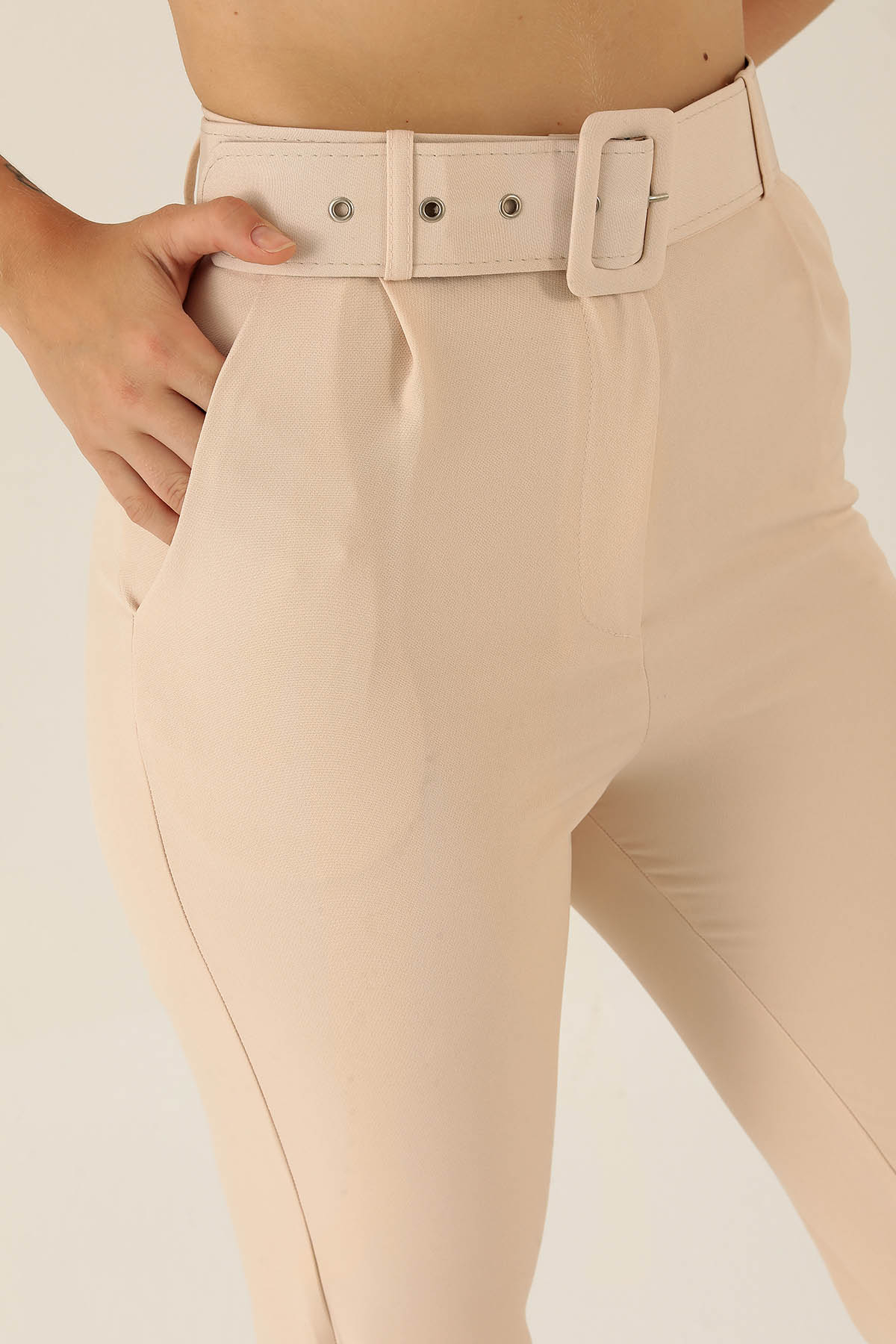 Yüksek Bel Kalın Kemerli Bayan Pantolon - 7091A Taş - 6