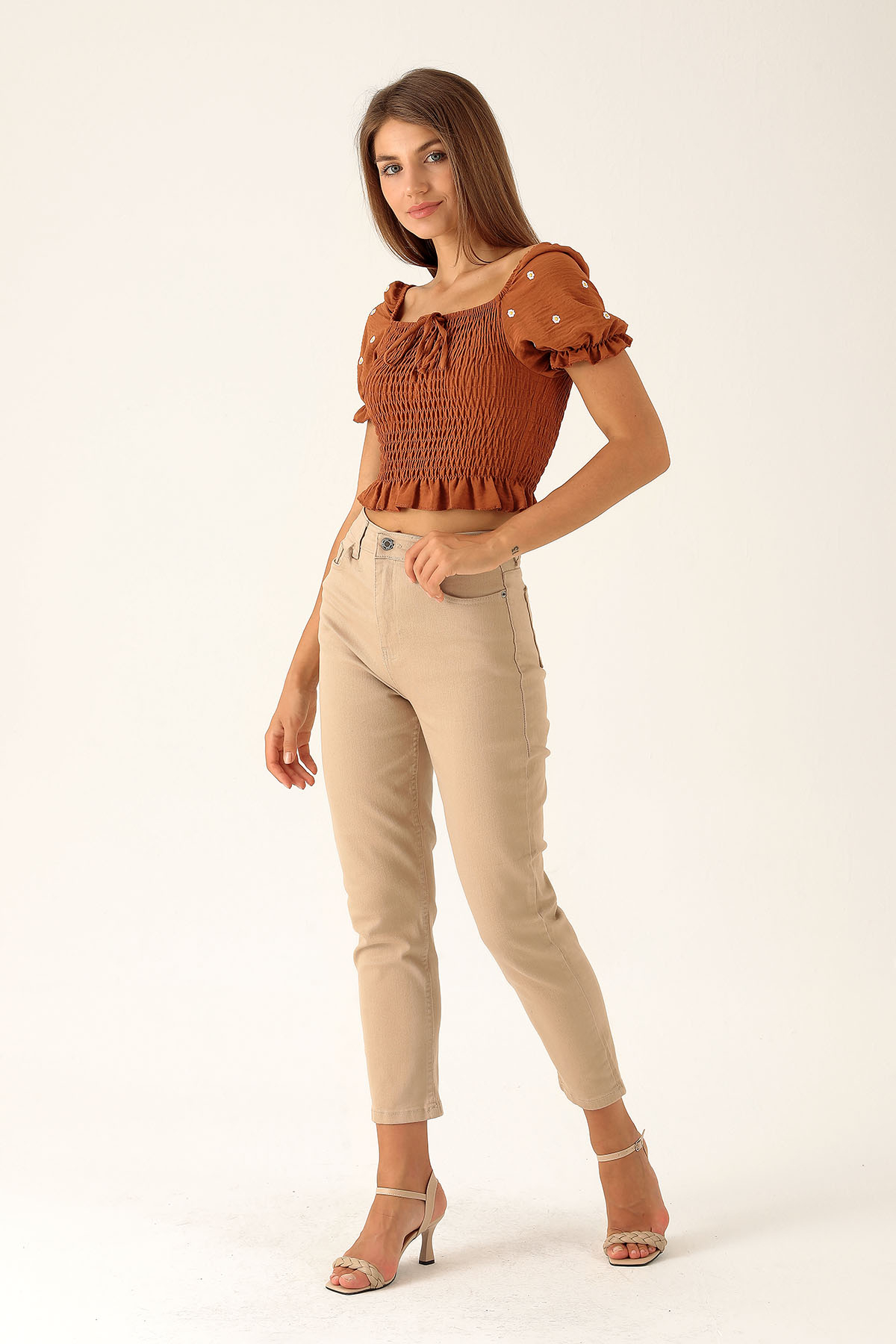 Yüksek Bel Mom Jean - 1121 Bej 