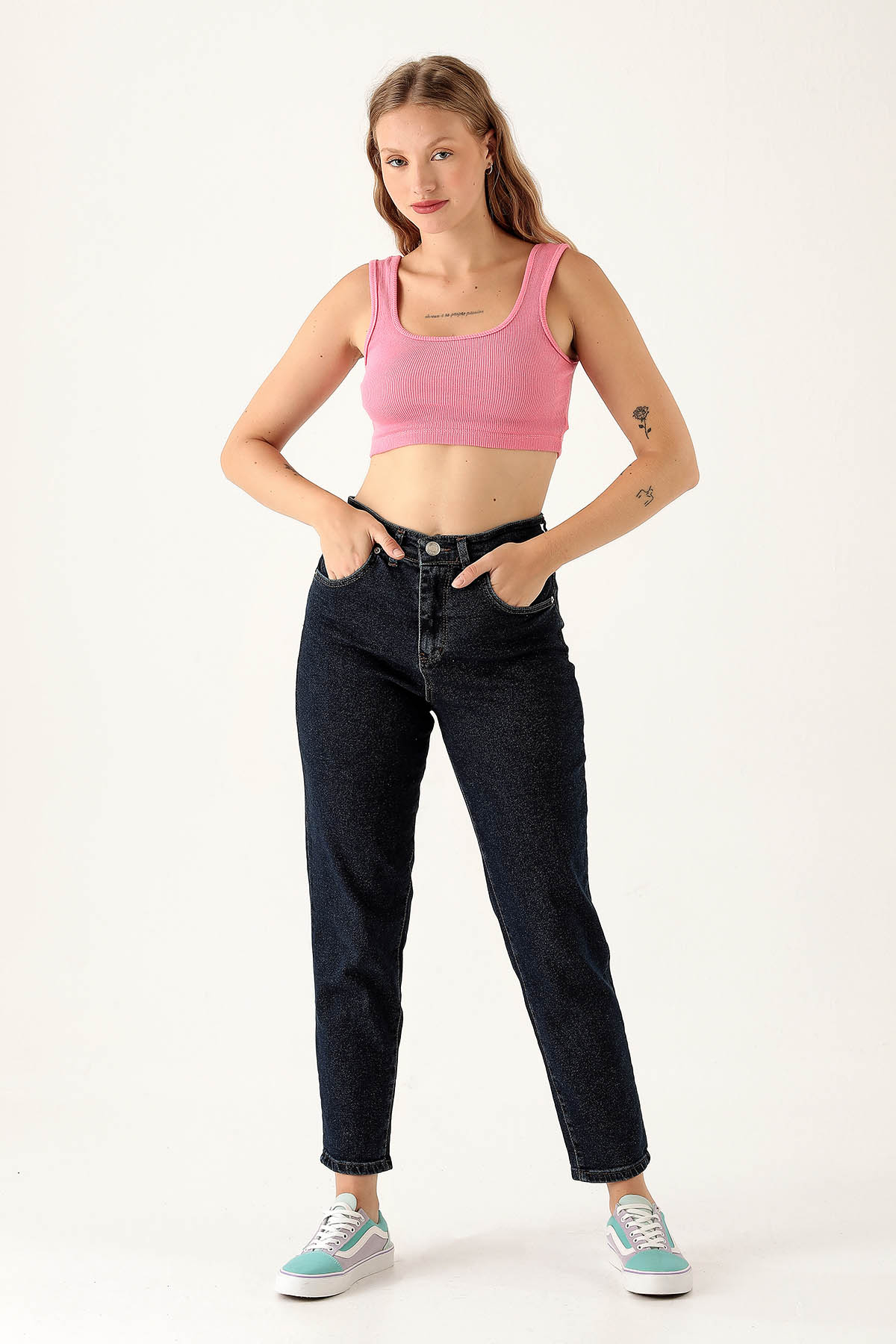 Yüksek Bel Mom Jean - 2039 Koyu Mavi 