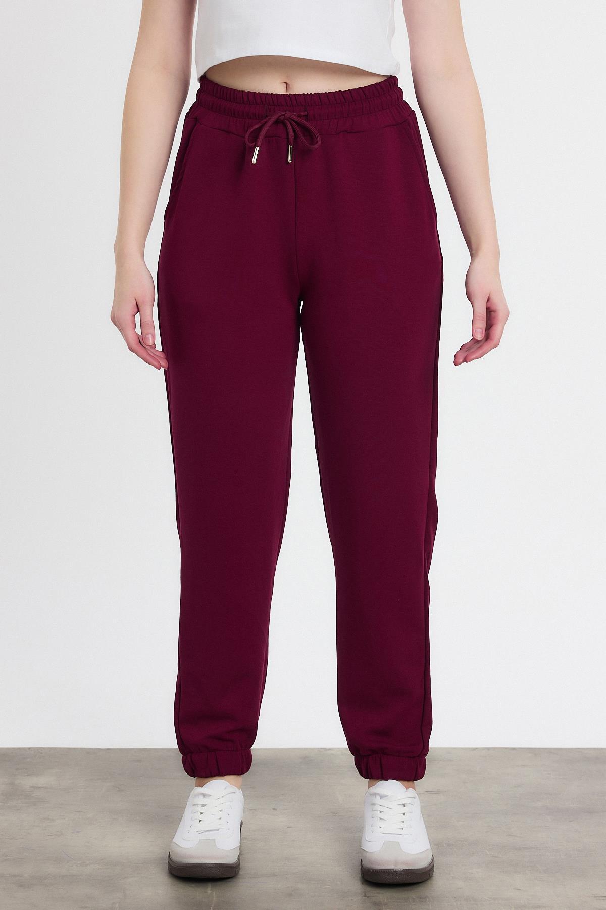 Yumuşak Dokulu Esnek Premium Kumaş Rahat Kalıp Eşofman Altı Bordo - 8242 - 2