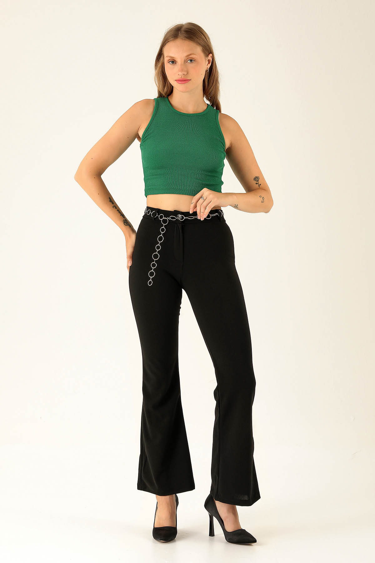 Zincir Kemerli İspanyol Bayan Pantolon - 1634 Siyah - 1