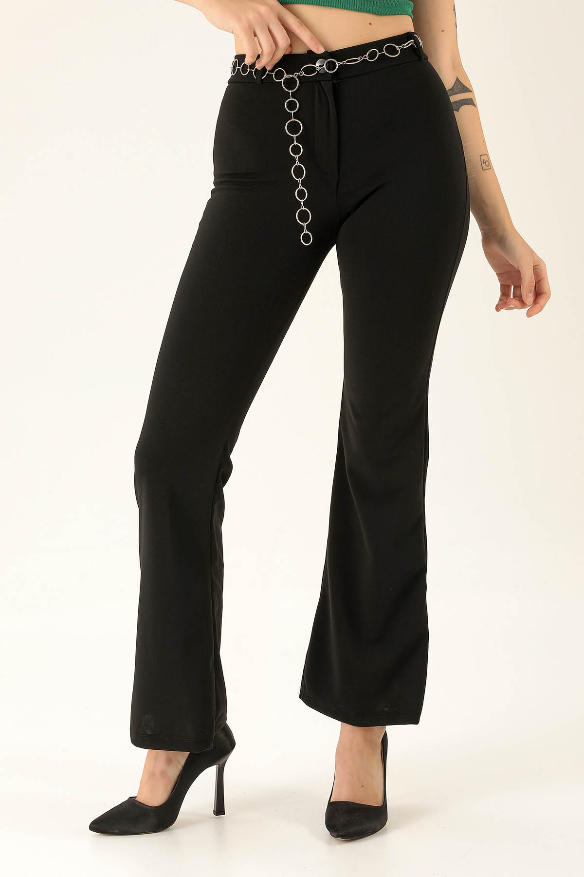 Zincir Kemerli İspanyol Bayan Pantolon - 1634 Siyah - 3