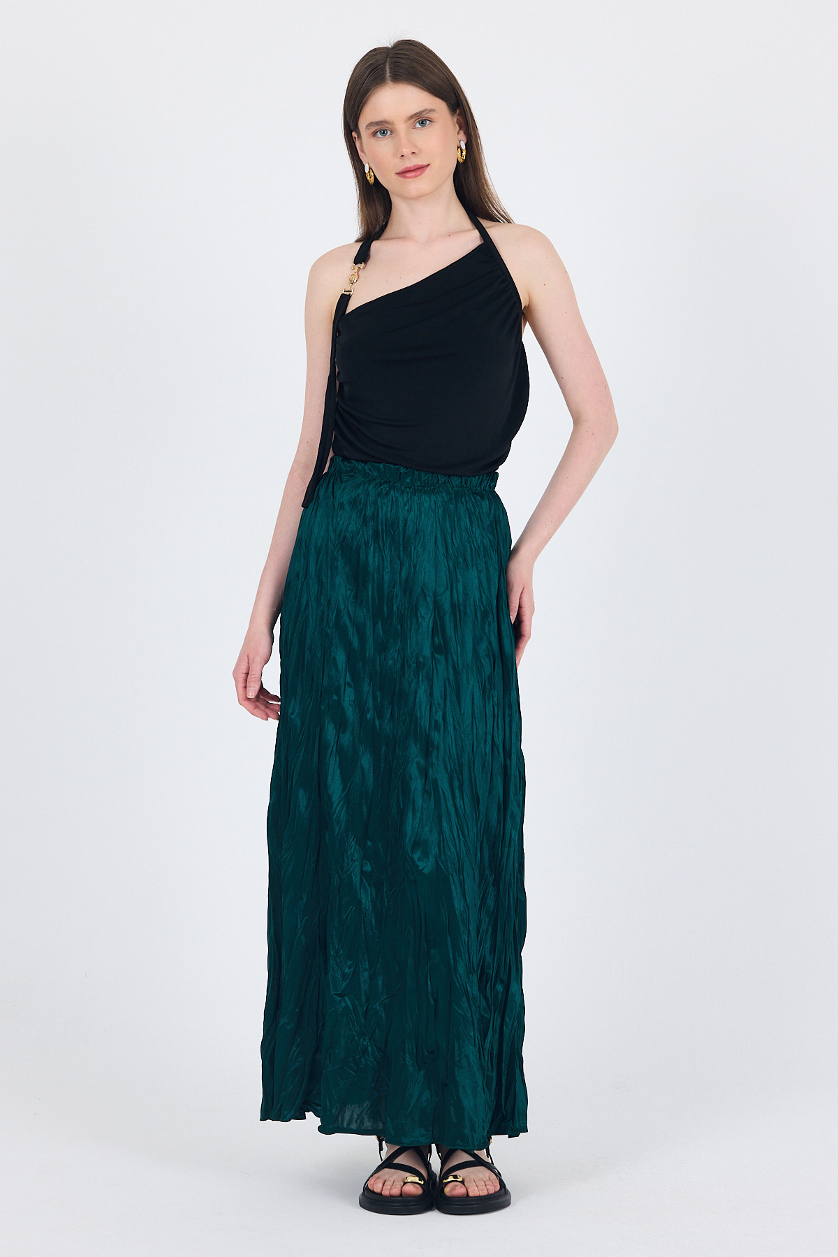 Zümrüt Bel Lastikli Kırışık Kumaş Etek 3483 